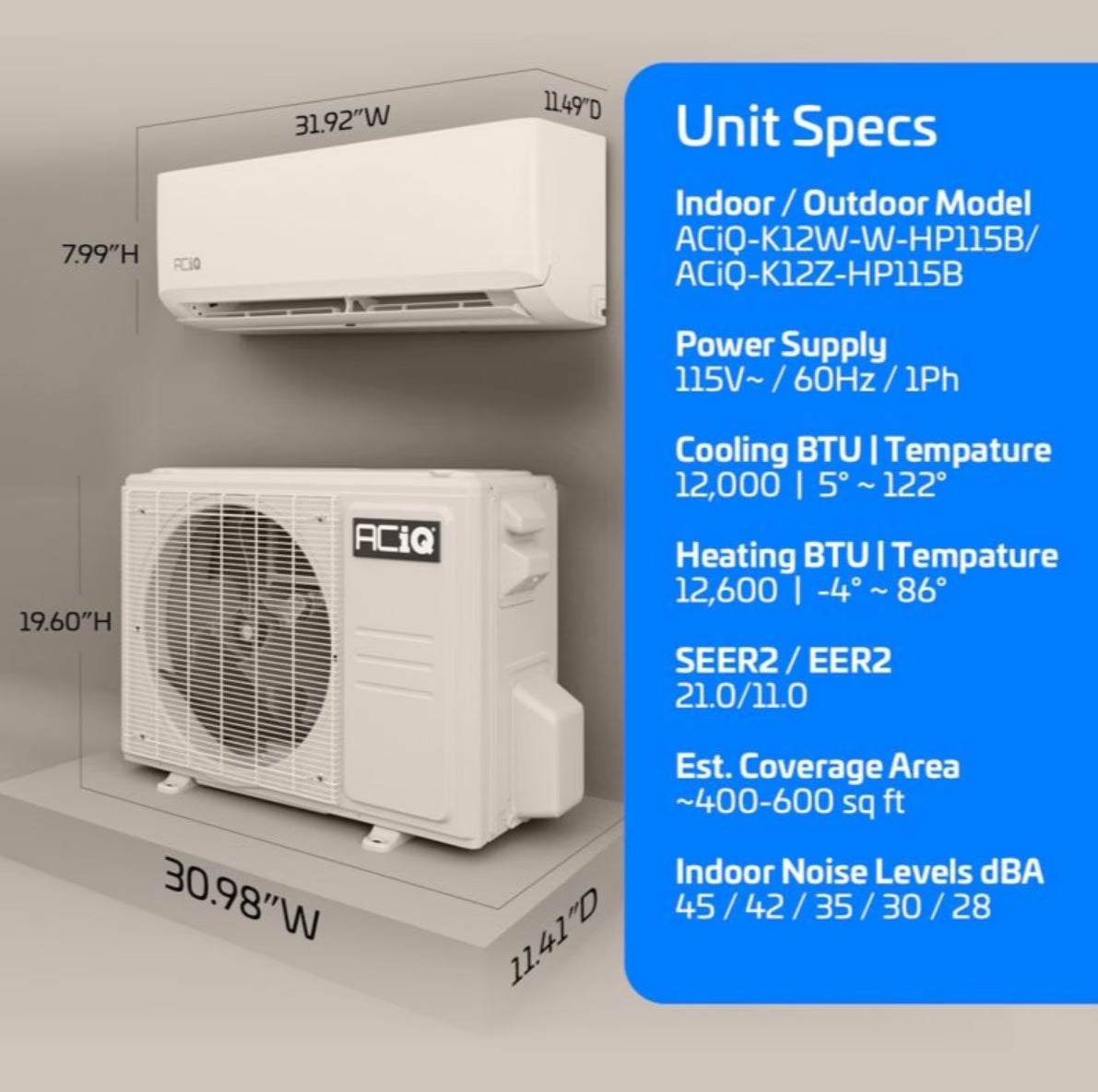 12,000 BTU ACiQ Essentials 21 SEER2 Single Zone Wall Mounted Mini Split Heat Pump System - R454B | White | 115V