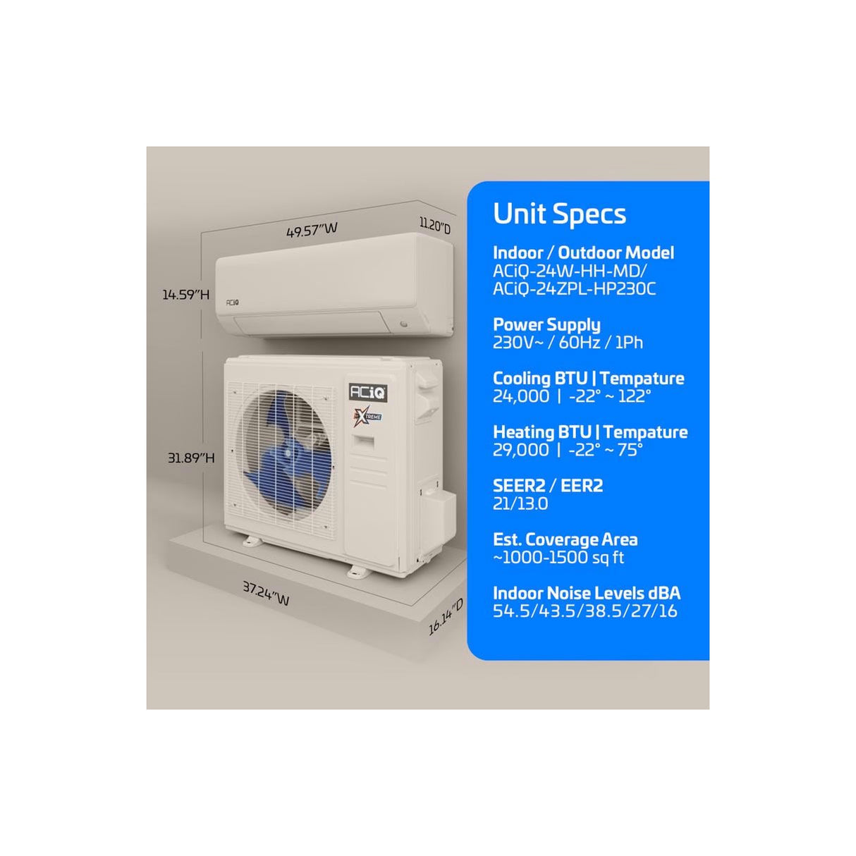 24,000 BTU 21.5 SEER ACiQ Extreme Series Single Zone Wall Mount Mini Split System - WiFi Enabled - R454B