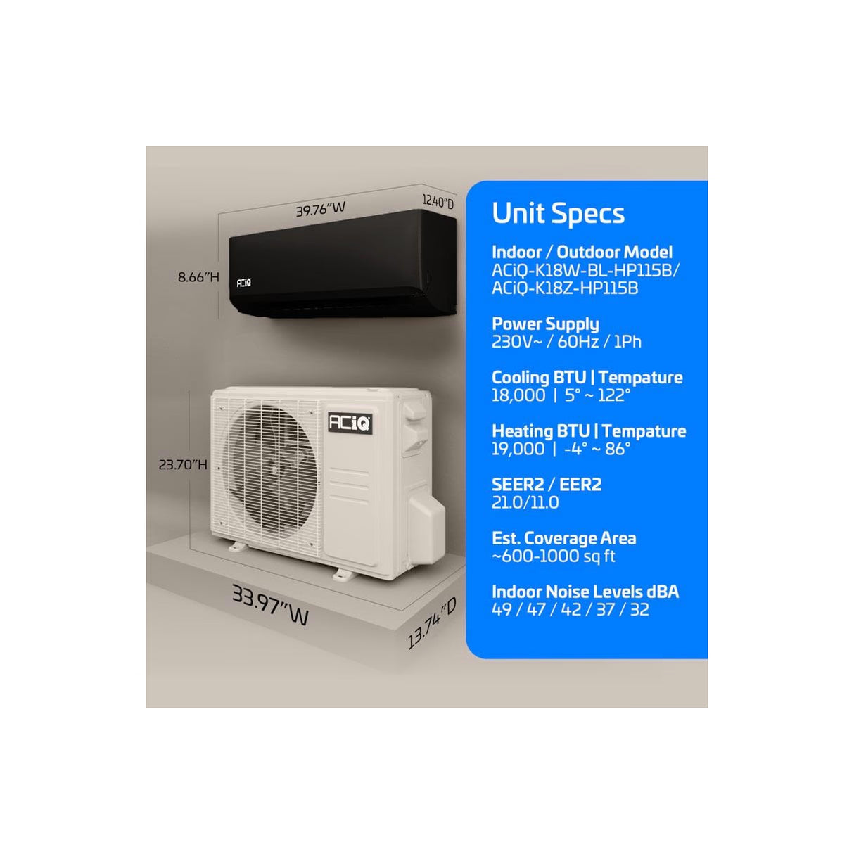 18,000 BTU 21 SEER2 ACiQ Essentials Single Zone Wall Mounted Mini Split System - Black w/ WiFi - 230V| R454B