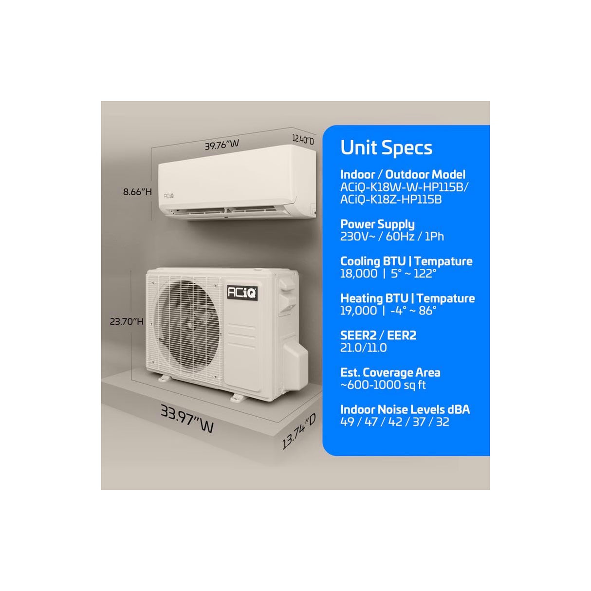 18,000 BTU ACiQ Essentials 21 SEER2 Single Zone Wall Mounted Mini Split Heat Pump System - R454B | White | 230V