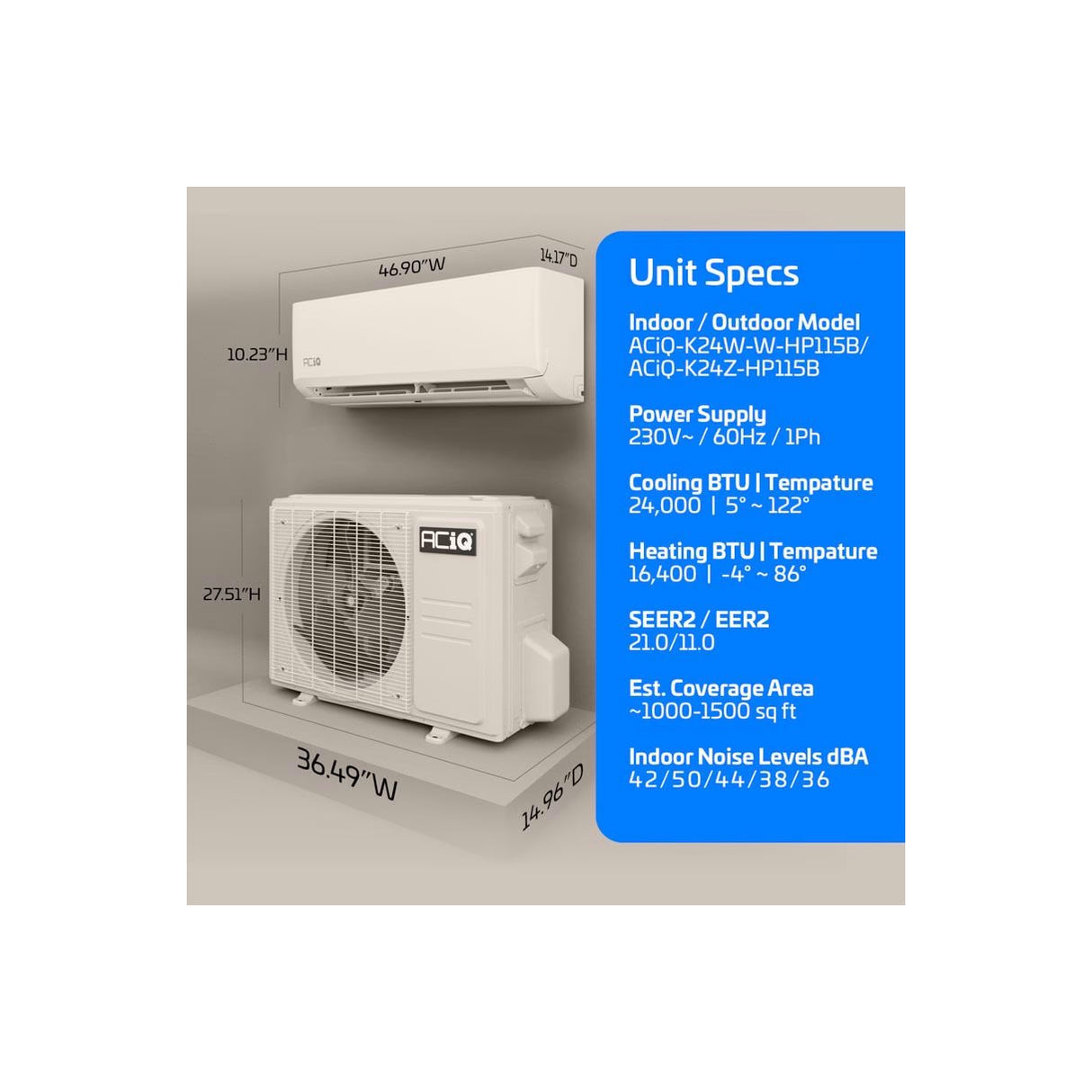 24,000 BTU ACiQ Essentials 21 SEER2 Single Zone Wall Mounted Mini Split Heat Pump System - R454B | White | 230V