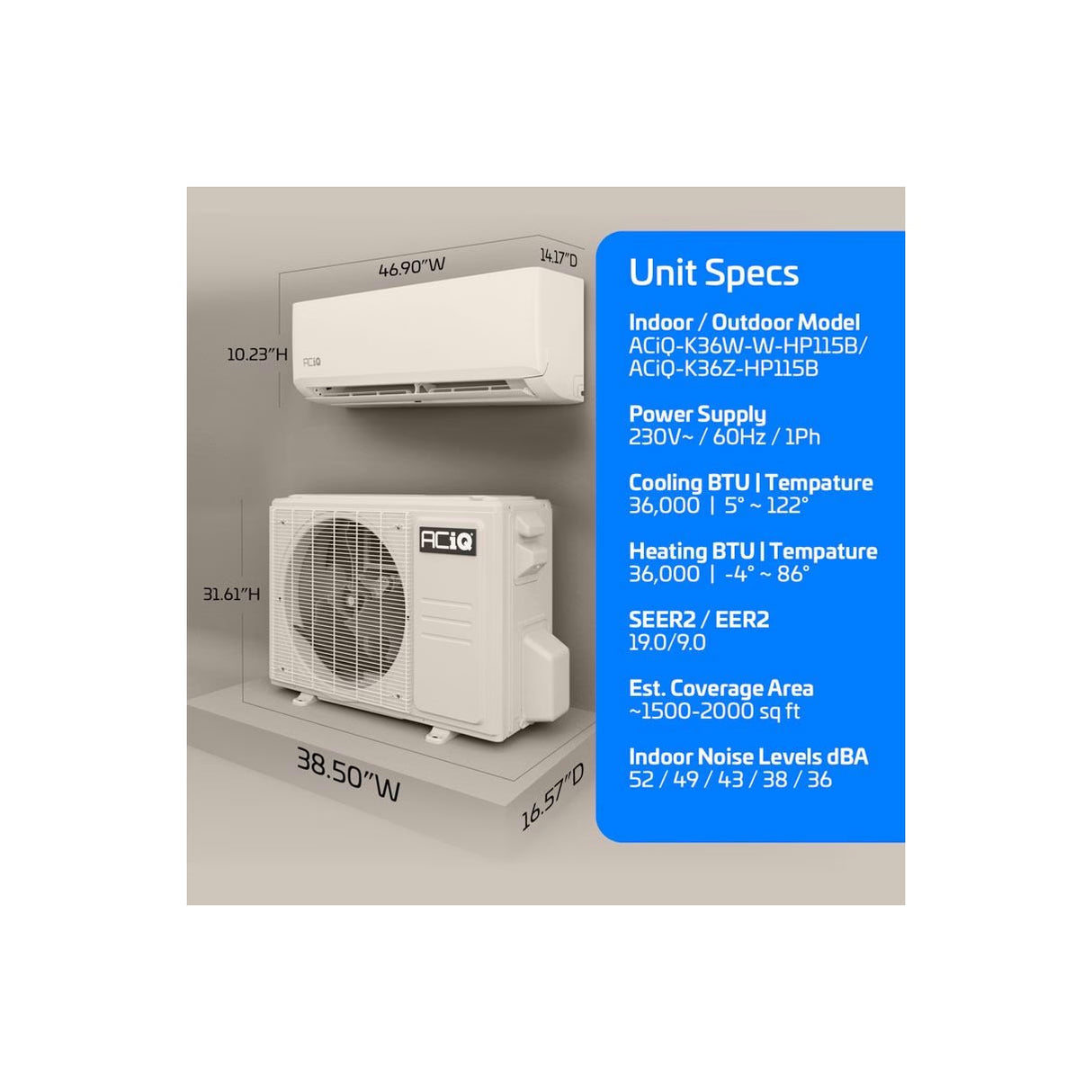 36,000 BTU ACiQ Essentials 19 SEER2 Single Zone Wall Mounted Mini Split Heat Pump System - R454B | White | 230V