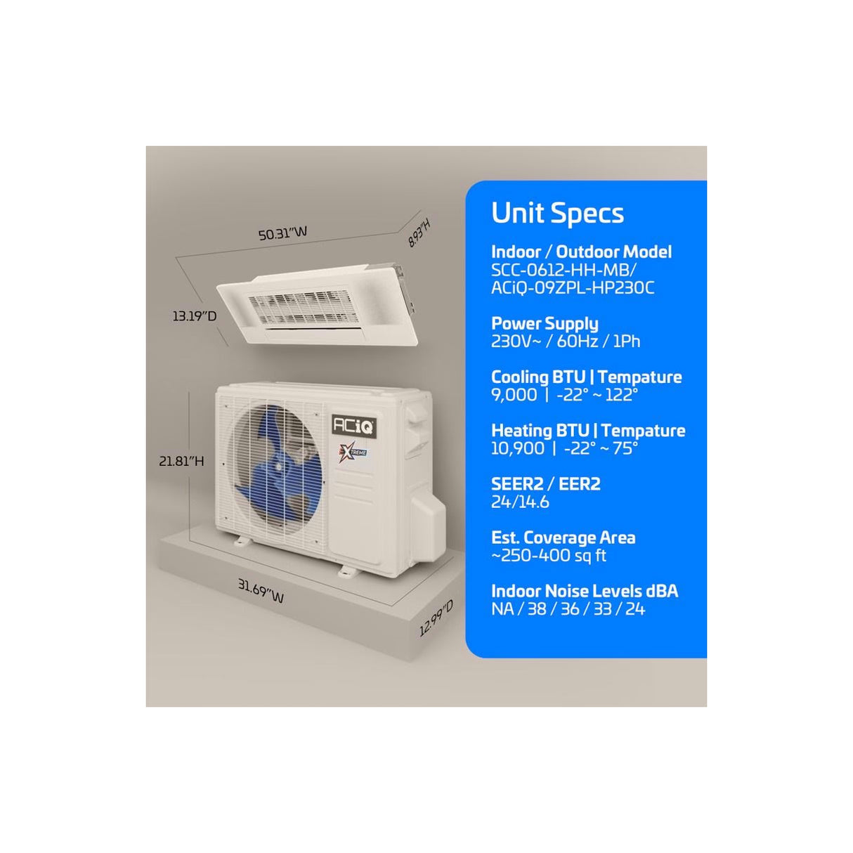 9,000 BTU 23 SEER ACiQ Single Zone Slim Ceiling Cassette Mini Split System | Extreme Series