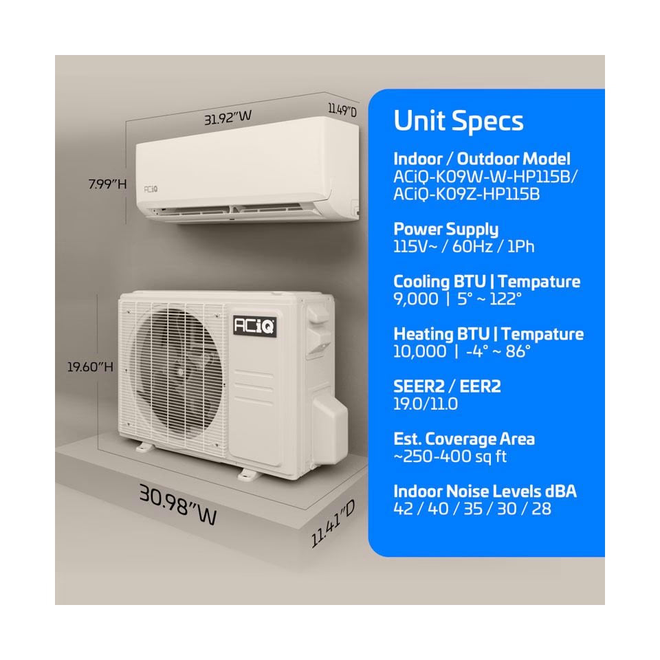 9,000 BTU ACiQ Essentials 19 SEER2 Single Zone Wall Mounted Mini Split Heat Pump System - R454B | White | 115V