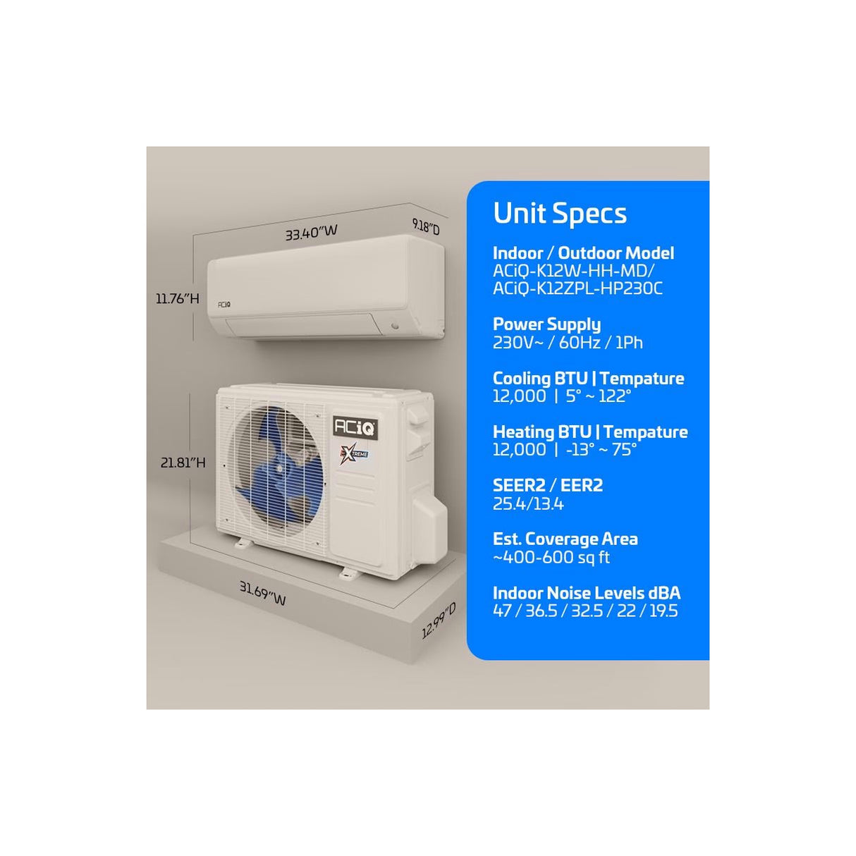 12,000 BTU 25.5 SEER ACiQ Extreme Series Single Zone Wall Mount Mini Split System - WiFi Enabled - R454B