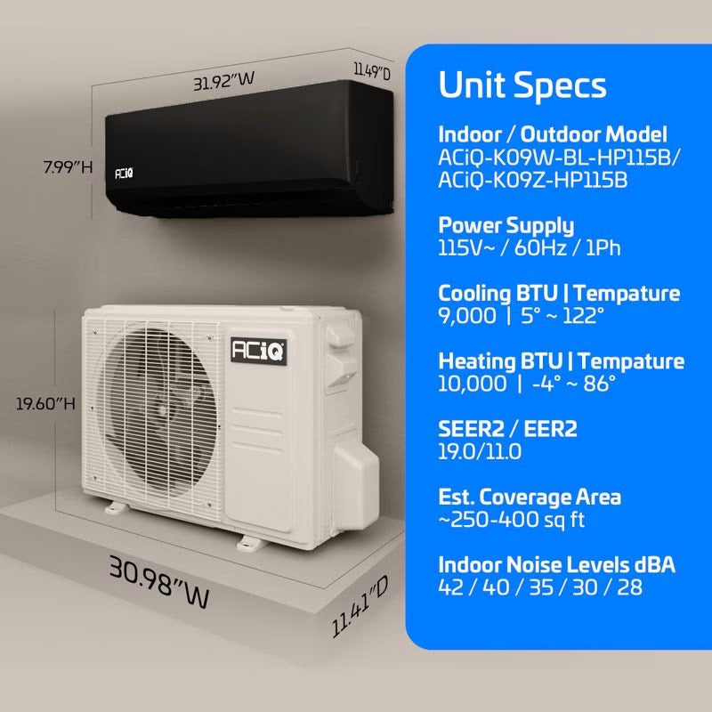 9,000 BTU 19 SEER2 ACiQ Essentials Single Zone Wall Mounted Mini Split System - Black w/ WiFi - 115V| R454B